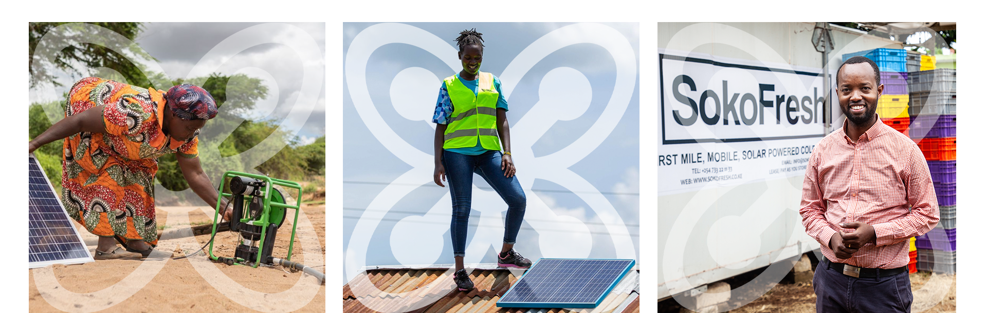 Three images in a row. The first image shows a woman using a solar powered generator. The second image shows a woman installing a solar panel on a roof top. The third image show the CEO of SohoFresh standing in front of one of the companies solar powered mobile cols storage units.